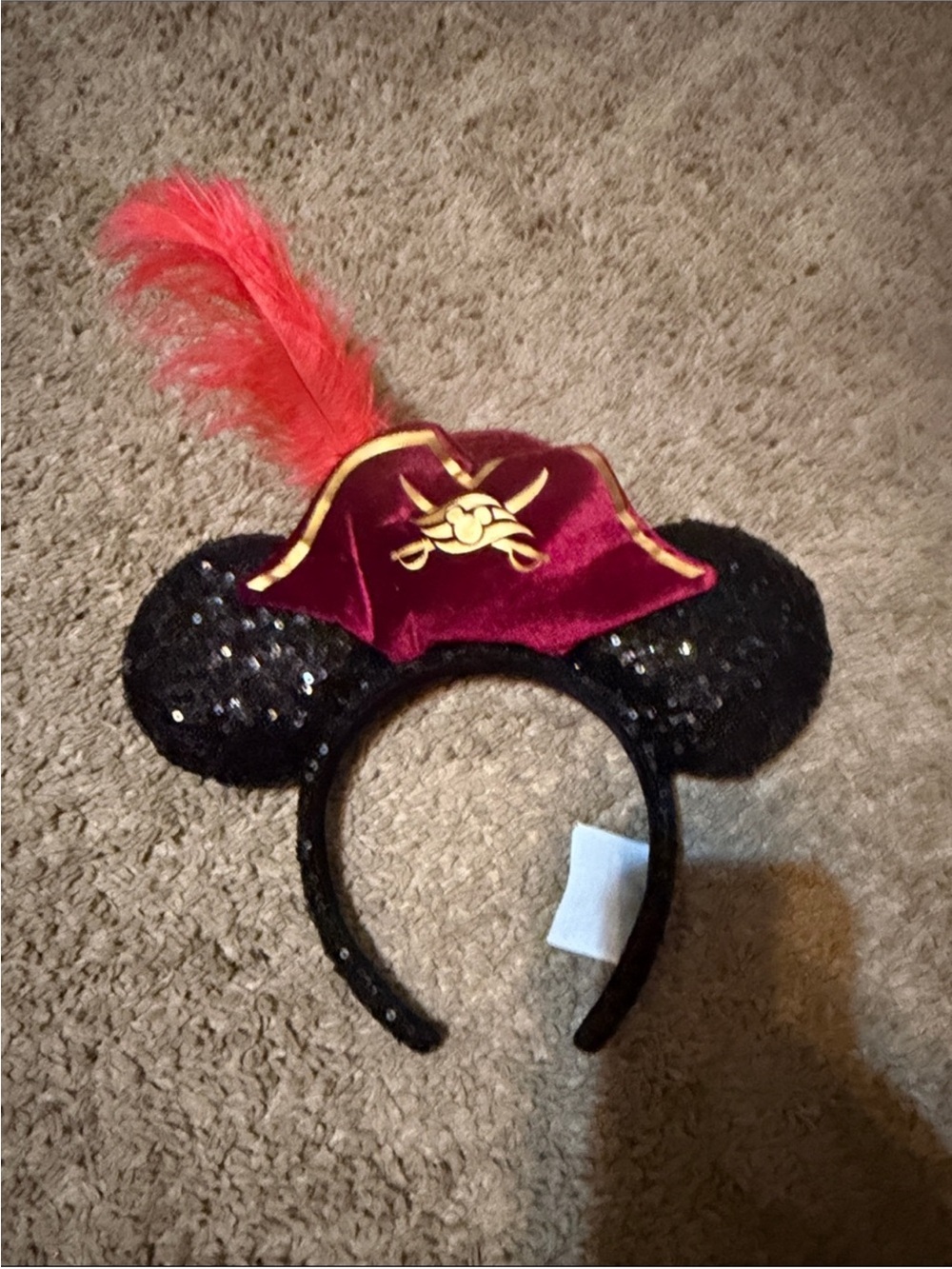 Black Sequin Mouse Ear Headband with Burgundy Pirate Hat and Red Feather